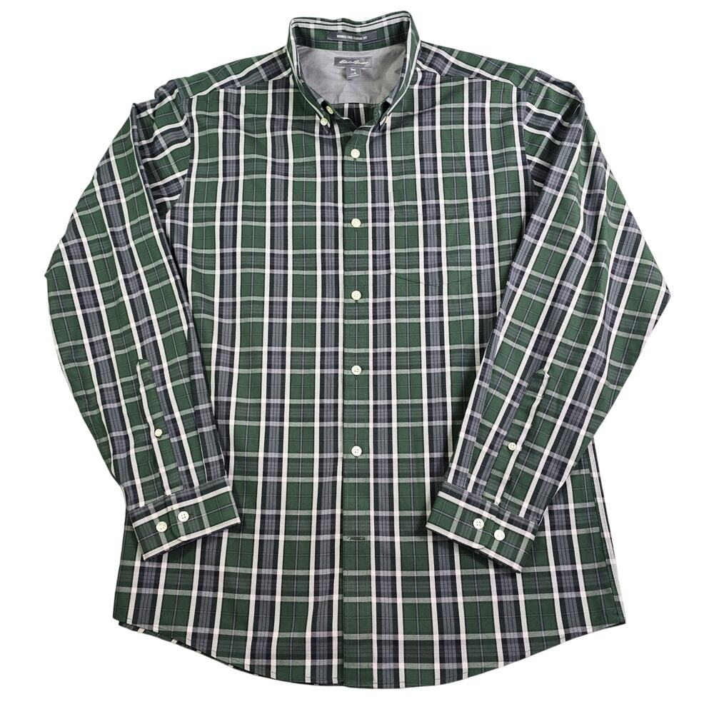 Eddie Bauer Button Front Shirt Men's Large Green Plaid Long Sleeve Wrinkle Free
